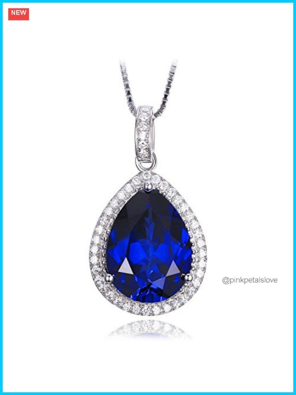 Pear Cut Created Blue Sapphire Halo Pendant Necklace in 14k White Gold Plated